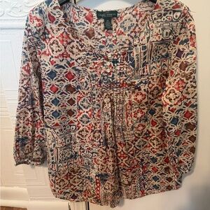 Ralph Lauren Multicolor Printed Peasant Blouse — Cream, Red & Blue
